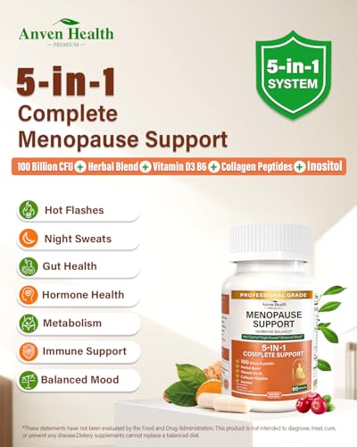 Menopause Supplements for Women 100 Billion CFU, Vitamin D3 B6 | Vitamin D3 & B6, 100B Probiotics, Black Cohosh & Herbs, Collagen, Hot Flashes & Night Sweats Relief, pH Balance
