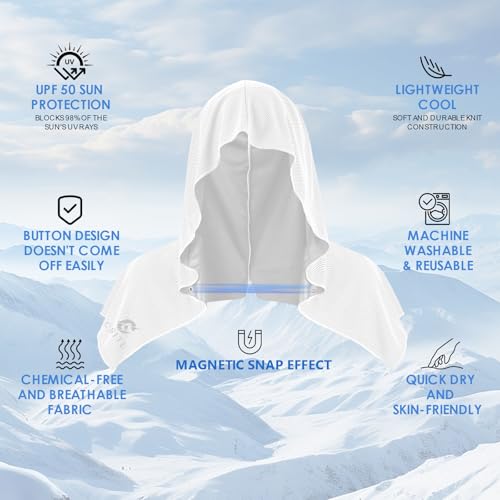 CSITE Cooling Hoodie Towels for Neck and Face, UPF 50 Sun Protection & Instant Cooling, Ice Towels for Hot Weather, Soft Breathable Towel for Sport, Work Out, Gym, Camping & More Activities（White）