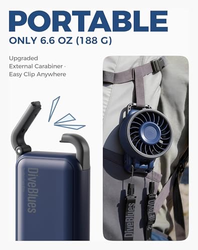 Diveblues Fanzy D6036 Portable Handheld Fan, Harbor Blue | 7.4m/s High Speed Turbo, 180° Foldable 4-in-1, Integrated Carabiner Clip, 100 Speed Stepless Control