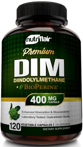 NutriFlair DIM 400mg with BioPerine, 120 Capsules - High Potency Diindolylmethane Supplement - for Men & Women - Vegan, Non-GMO - 4 Month Supply