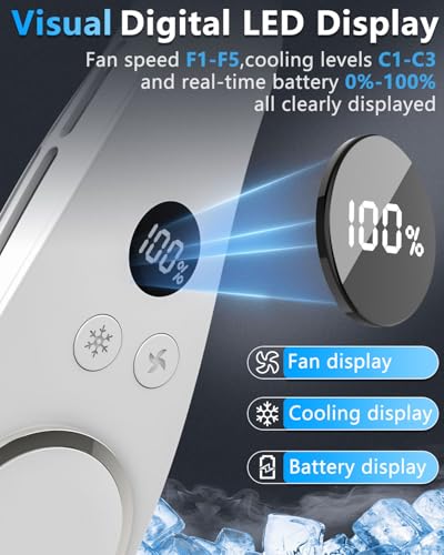 Neck Fan with Cooling Plate-24H Quiet Powerful Fans that Blow Cold Air-5 Speed&Power LED Display-USB 5500mAh Bladeless Wearable Personal AC Cooler for Women,Men,Kids,Travel,Outside,Indoor White