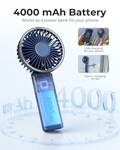 TUNISE Portable Handheld Fan, Portable Fan Rechargeable, 4000mAh, 180° Adjustable, 6 Speed Wind, Display Electricity in Real Time, USB Rechargeable Foldable F an, Quiet Personal Fan with Power Bank