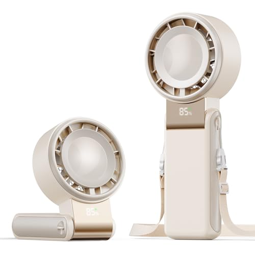 SHEWIND Portable Handheld Mini Fan -5 Speeds, 20H Max, LED Display - Cream | Foldable Mini Fan; Neck & Desktop Use; 4000mAh Rechargeable Battery; Travel Turbo Fan