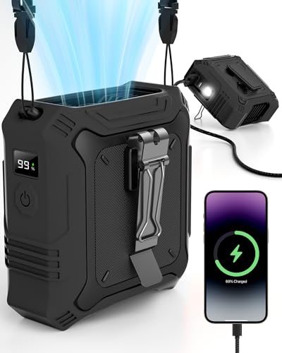 TUNISE Portable Fan with 5-Speed Settings, Dual-Sided Clip on Wearable Belt Waist Fan for 8000mAh, 2 Settings including Flashlight,Travel Essential for Outdoor Camping as Power Bank