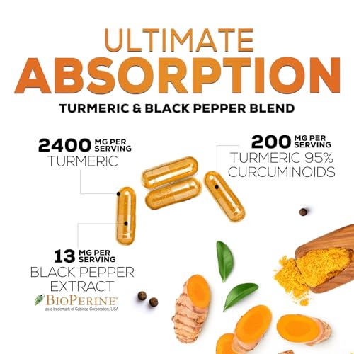 Turmeric Curcumin Supplement - 2400mg Organic Turmeric - 95% Curcuminoids & BioPerine Black Pepper Extract for Best Absorption - Natural Vegan Joint & Immune Support, Bottled in USA - 60 Capsules