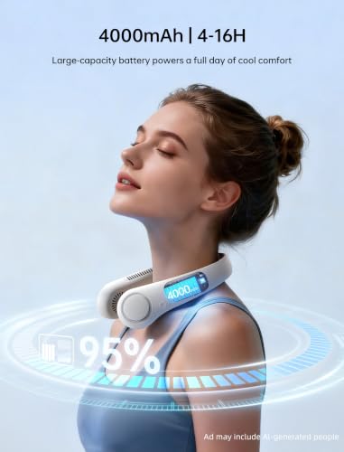 JISULIFE Portable Neck Fan, Hands-Free Bladeless, 5 Speeds, 4000 mAh | Battery Operated Wearable Personal Fan, Twistable, Rechargeable Travel Essentials, Gifts for Women Men-Grey
