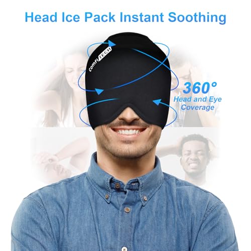 ComfiTECH Head Ice Pack Wrap with Top Coverage Cold Cap Cooling Gel Hat, Medium, Black | Pliable after Frozen, Cold Compress for Head, Sinus Tension and Puffy Eyes