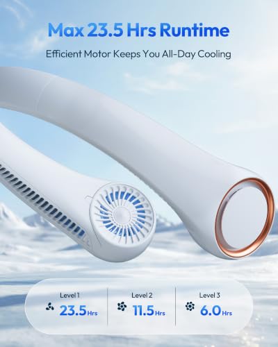 Gaiatop Portable Neck Fan Rechargeable, Hands-Free Cooling, 23.5hrs Runtime | Battery Powered Personal Wearable Fan, Summer Outdoor Travel Essentials, Birthday Gifts for Women Men Teens, White