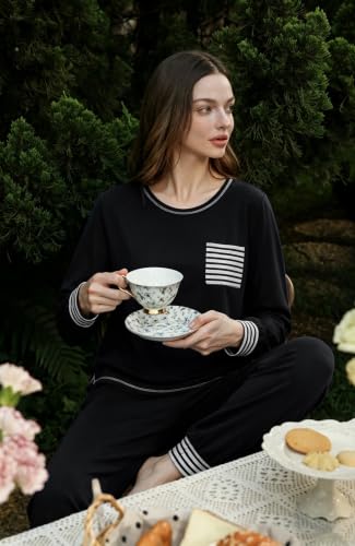 SWOMOG Women’s Pajamas Set Long Sleeve Sleepwear with Long Pants Soft Modal Loungewear Pj Set