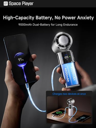 Space Player Portable Handheld Fan, 9000mAh, Turbo Airflow, Cooling Plate | 100 Adjustable Speeds, LED Display, USB-C Rechargeable, 4-in-1 Design for Neck Wear, Desktop, Hanging, Travel and Outdoor Use