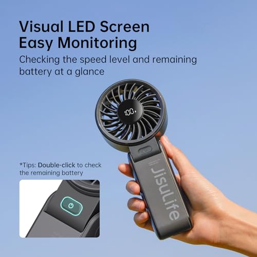 JISULIFE Portable Handheld Fan Life7: 3-in-1 Hand, Desk & Neck Fan-Black | 19.5H Max Cooling, 5-Speed, LED Display, 5000mAh Rechargeable,USB Foldable Fan for Travel/Concerts/Cruise/Sports Events/Gifts
