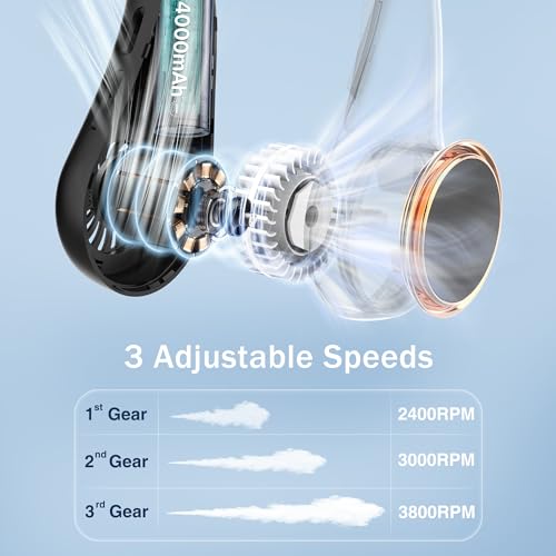 Neck fan, Portable Fan with 5-17H Lifespan, 4000mAh Neck fan air conditioner with 3 Adjustable Speeds and 64 Cool Lights, Rechargeable Neck Fan, Hands-Free Cooling fan for Summer (Black)