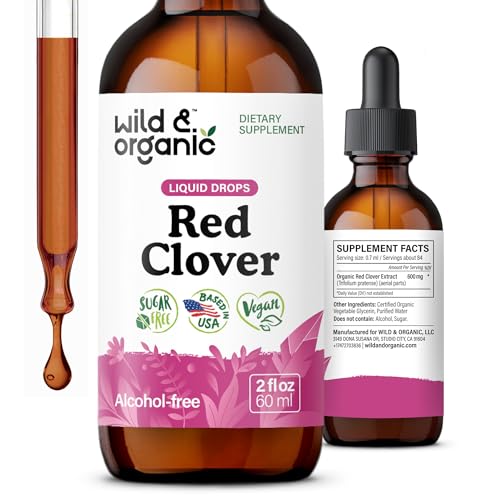 Wild & Organic Red Clover Herb Drops - Menopause Supplements Women - 2 oz | Women's Support - Red Clover Tincture - Add to Tea Herbal Drops - Liquid Blossoms Extract - No Sugar & Alcohol-Free