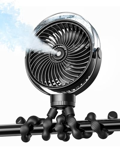 SWEETFULL Misting Stroller Fan – Portable Baby Fan with Spray Cooling, 4 Speeds, Quiet Rechargeable Fans for Travel, Outdoor, Golf Cart, Car Seat, Beach (Black)