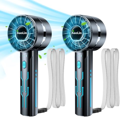 AaoLin 2pcs Portable Handheld Turbo Fan with 7000rpm High-Speed Motor USB Rechargeable Cooling Personal Fan 4-Speed, 4-16H Runtime, with Lanyard for Outdoor Travel, Women, Kids, Summer Gift