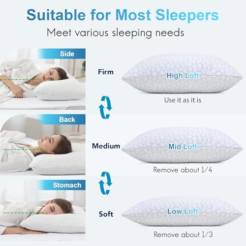 QUTOOL Cooling Pillow for Sleeping, CertiPUR-US Shredded Memory Foam Queen Pillows Set of 2, Cool Pillow for Hot Sleepers Adjustable Firm Pillow for Side, Back, Stomach Sleepers Soft Yet Support,White