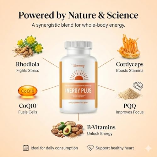 InergyPLUS | Energy Vitamins for Women, Fatigue, Natural Energy Supplements for Focus | Vitamin B12, Folic Acid, Rhodiola Rosea, Cordyceps, CoQ10, Caffeine Free | Packaging Vary | 60 Ct