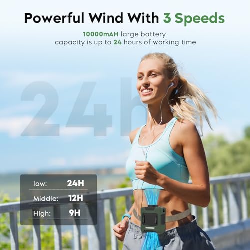 LOUISWARE Portable Waist Fan 10000mAh Rechargeable Waist Clip Fan 18000RPM With Max 12H Working Time 3-speed adjustment with LED flashlight Portable Fan for Outdoor Jobsite and etc