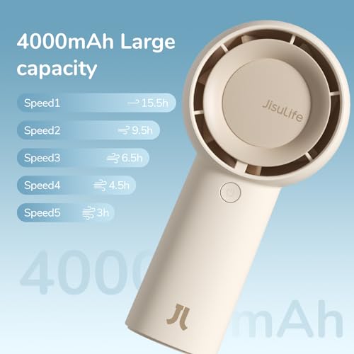 JISULIFE Portable Handheld Turbo Fan Rechargeable 4000mAh 5-Speed (Brown) | Up to 16H max cooling, Personal Battery Powered Pocket Fan for Travel/Outdoor/Vacation/Concerts, Birthday Gifts for Women