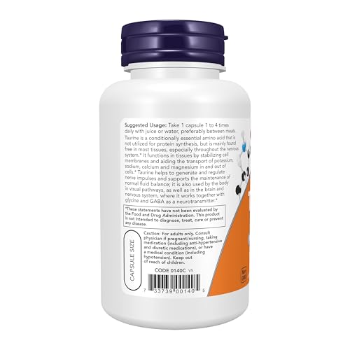 NOW Supplements, Taurine 500 mg, Amino Acid, 100 Veg Caps