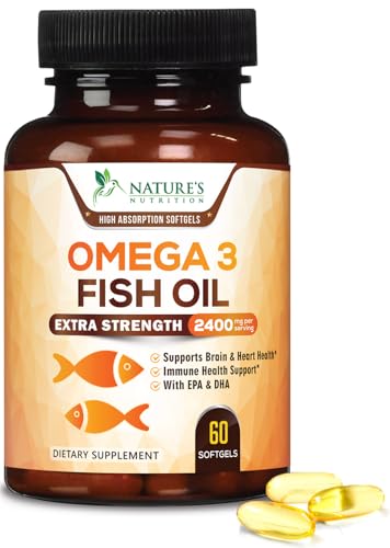 Omega 3 Fish Oil 2400mg - Triple Strength Daily Omega-3 Supplement with EPA & DHA - Natural Heart, Brain & Immune Support - Wild Caught Omega3 Fatty Acids - Gluten Free & Bottled in USA - 60 Softgels