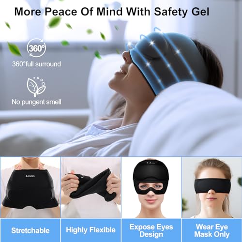 Migraine Relief Cap with Gel Eye Mask, Headache Relief Cap Ice Head Wrap Hot and Cold Therapy Hat, Gel Ice Cap for Headache Puffy Eyes Sinus and Tension Stress Relief (Black)
