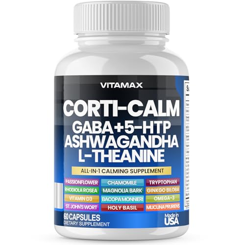 Corti-Calm Cortisol Supplement, L Theanine, Ashwagandha, Vitamin D 3, GABA for Relaxation, Fatigue & Focus with Ginkgo Biloba, Bacopa Monnieri, 5-HTP – Non-GMO, Made in USA – 60ct