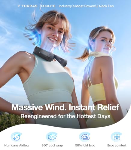 TORRAS COOLiFY Lite Neck Fan, Portable Neck Fan with 90° Foldable, Black | #1 Wind Power Cooling Neck Fan, Ideal Neck Fans for Outdoor, Travel, Workout, Gifts for Father Men Women