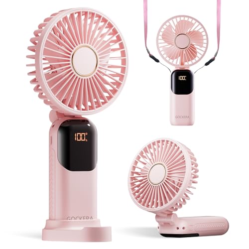 GOCKERA Portable Fan, 4200mAh Battery Operated Fan, 5 Speeds&Digital Display, Makeup Fans for Women with Base, 180°Foldable 3in1 Handheld/Neck/Desk Fan for Outdoor Indoor,Ultra Quiet (Pink)