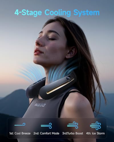 Neck Fan, 3 Turbo Portable Fans with Neck Support, 4 Speed & LED Display, 5200mAh Rechargeable Personal Fan, Hand-Free Wearable Bladeless Cooler, Gift for Travel Birthday, Men, Women
