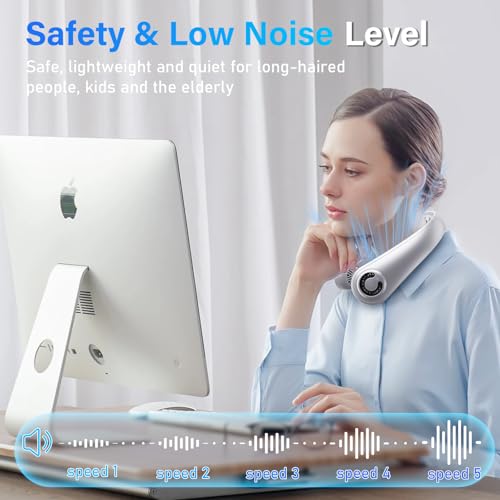 5000mAh Portable Neck Fan, [16H Long Lasting] Bladeless Personal Fan, 5 Speeds Wearable Fan for Neck, Ultra Quiet Rechargeable Cooling Fan for Travel, Outdoor, Hot Flashes, Golf, Office