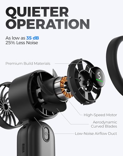 Diveblues Mini Portable Handheld Turbo Fan 27ft/s, 4000mAh Battery | Quiet Motor, 12H Max Cooling, 5 Speeds, LED Display, 3-in-1 Handheld/Neck/Desk Fan for Travel, Cruise & Disney Essentials