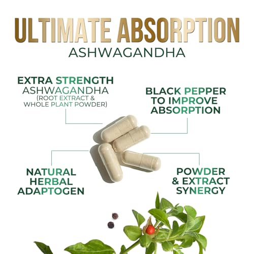 Ashwagandha Supplements - Premium Ashwagandha Capsule for Women & Men, Natural Antioxidant Support Ashwa Root Extract, Extra Strength Calm Support with Black Pepper, Vegan - USA Bottled - 60 Capsules