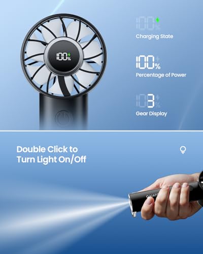 Gaiatop Portable Mini Fan, 3 Speed Handheld Fans with Power Display Flashlight, USB Rechargeable Battery, Lightweight Personal Cooling for Women Men Indoor Outdoor Travel Black