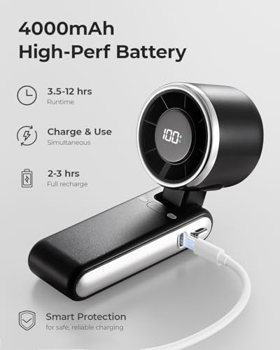 Taşınabilir El Tipi Turbo Vantilatör - 5 Kademeli Yüksek Hızlı 4000mAh Şarj Edilebilir Mini Kişisel El Vantilatörü Soğuk Hava Üflemeli, Pille Çalışan Seyahat Gereçleri, Plaj Tatili, Kadınlar ve Erkekler İçin Hediyeler (Siyah)
