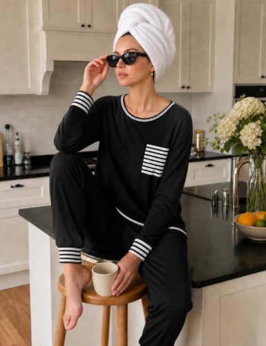 SWOMOG Women’s Pajamas Set Long Sleeve Sleepwear with Long Pants Soft Modal Loungewear Pj Set