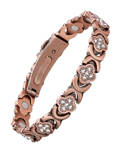 5X Strength Magnetic Copper Bracelet for Women Ellipse Magnets Pure Copper Magnetic Bracelet Premium Butterfly Clasp & Adjustable Length Four-Leaf Clover Health Bracelets