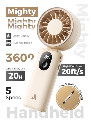 Aecooly Mighty Portable Handheld Fan | 20H Max Cooling | 3 Flexible Modes | 5 Speeds Wind | Battery Level Display | Mini USB Rechargeable Personal Battery Powered Fan Travel Gifts for Women -Beige
