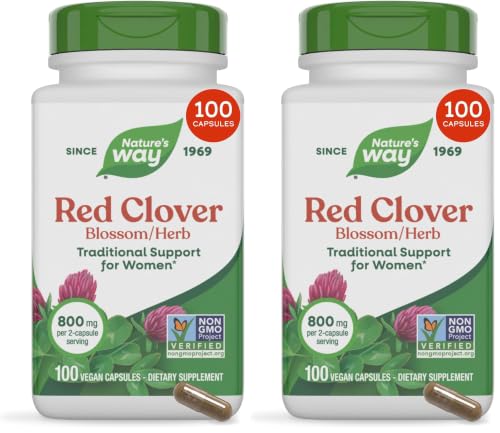Nature's Way Red Clover Blossom Herb, Traditional Health Support for Women*, 800 mg per 2-Capsule Serving, Non-GMO Project Verified, Red Clover Supplement, 100 Vegan Capsules (Pack of 2)