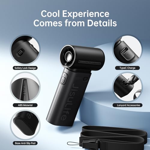 JISULIFE Portable Handheld Fan Life9, Turbo Airflow, Up to 18H Runtime | 5 Speeds, 5000mAh, Mini Pocket Design, Personal Fan for Travel, Concerts, Makeup, Trendy Gifts for Women Men -Black