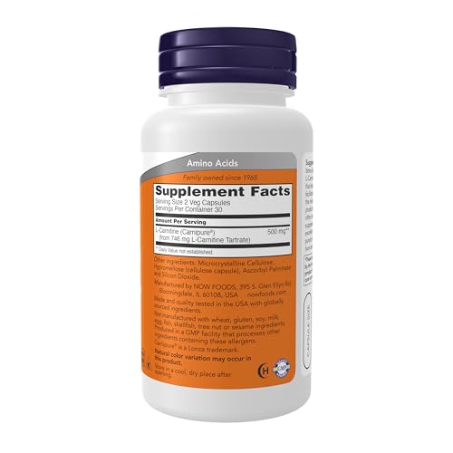 NOW Supplements, L-Carnitine 250 mg, Purest Form, Amino Acid, 60 Veg Caps