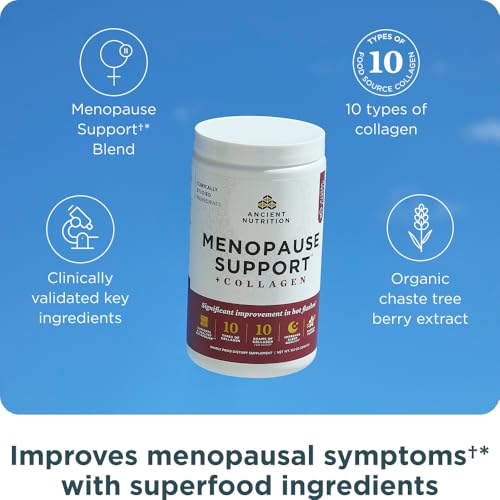 Ancient Nutrition Menopause Support + Hydrolyzed Collagen Peptides Powder | Grass-fed Collagen, Clinically Validated Superfoods, Significant Improvement in Hot Flashes and Sleep Quality, 25 Servings