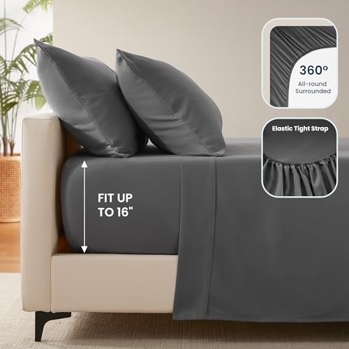 SLEEP ZONE Nanotex Süper Yumuşak Serinletici Kraliçe Boy Yatak Çarşaf Seti 4 Parça - Kolay Bakım Lastikli Çarşaf ve Yastık Kılıfı Seti - Kırışmaz, Solmaya Dayanıklı, Derin Cepli 40 cm (Gri, Kraliçe Boy)