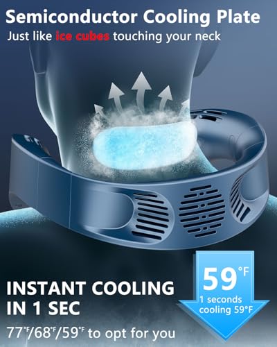 Neck Fan with Cooling Plate,5500mAh Rechargeable, Ultra Quiet Operation, 5 Speeds & 3 Cooling Modes, USB-C Fast Charging, LED Display Battery & Gear, Bladeless Fans that Blow Cold Air for Travel Blue