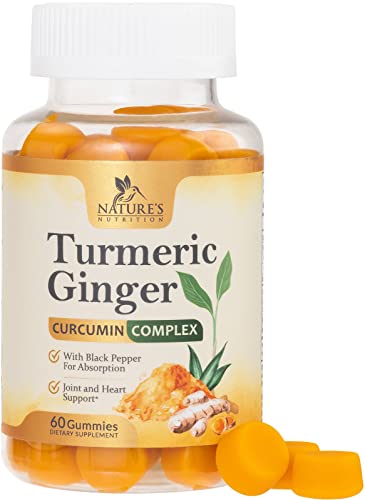 Turmeric Curcumin Supplement Gummies - 95% Curcuminoids with Turmeric & Ginger, Black Pepper for Best Absorption, Nature's Vegan Joint Support Gummy, Gluten Free, Tasty Peach Flavor - 60 Gummies