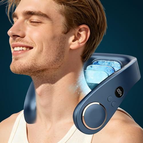 Neck Fan with Cooling Plate,5500mAh Rechargeable, Ultra Quiet Operation, 5 Speeds & 3 Cooling Modes, USB-C Fast Charging, LED Display Battery & Gear, Bladeless Fans that Blow Cold Air for Travel Blue