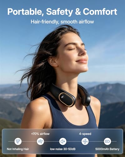 SHEWIND Portable Neck Fan - 5000mAh Rechargeable Hands-Free Wearable Fan | 4 Speeds, Bladeless & LED Display | Personal Cooling Fan for Travel, Outdoors, Camping - Black