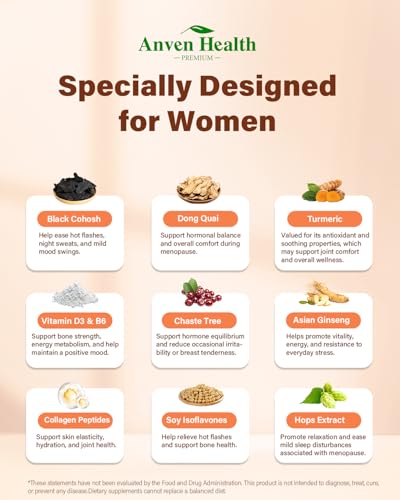 Menopause Supplements for Women 100 Billion CFU, Vitamin D3 B6 | Vitamin D3 & B6, 100B Probiotics, Black Cohosh & Herbs, Collagen, Hot Flashes & Night Sweats Relief, pH Balance