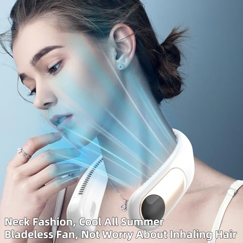 Portable Neck Fan, Personal Wearable Bladeless Fan for Outdoor Indoor, LED Display, 360° Cooling, 4-Speeds, 6000mAh USB Rechargeable, Birthday Gifts for Men Women Dad Mom (White)