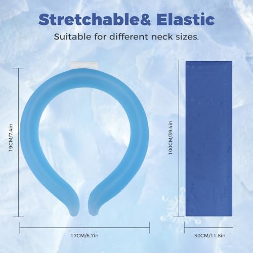 1 Sets Cooling Towel (Towel Color Random)+Cooling Neck Ring – Reusable PCM Cooling Ring Stays ~64°F for 60-120 Min, Quick Dry Microfiber Towel, Insulated Storage Bag for Family Outdoor Sports Hiking